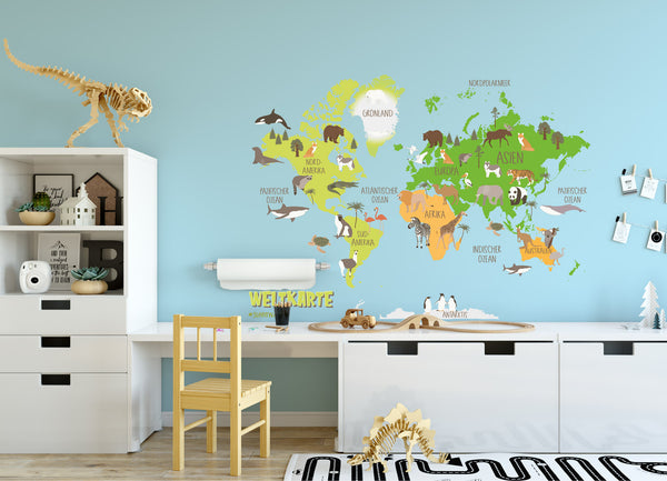Wandtattoo – Bunte Weltkarte für Kinder mit Tieren | Spielerische Wanddekoration zum Entdecken & Lernen - Sunnywall - Individualität trifft Design