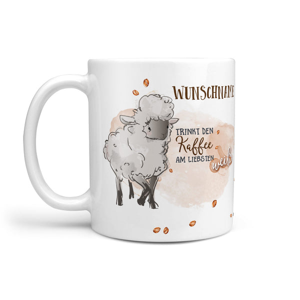 Schaf Kaffee weiß mit Wunschname - niedlicher  Kaffeebecher - Sunnywall - Individualität trifft Design