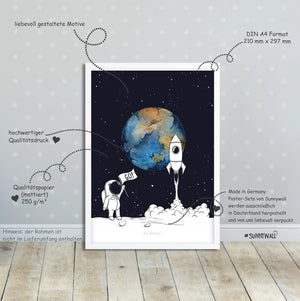 3er Set Astronaut Raumschiff Weltraum Poster Kinderzimmer - A4 Bilder Babyzimmer Kinderposter Sunnywall
