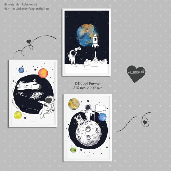3er Set Astronaut Raumschiff Weltraum Poster Kinderzimmer - A4 Bilder Babyzimmer Kinderposter Sunnywall