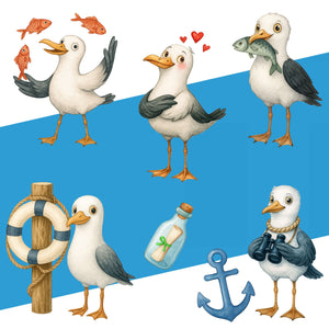 Wandtattoo Maritim – Buntes Möwen Wandsticker Set mit Anker, Rettungsring & Flaschenpost für Kinderzimmer & maritime Wohnräume