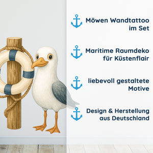 Wandtattoo Maritim – Buntes Möwen Wandsticker Set mit Anker, Rettungsring & Flaschenpost für Kinderzimmer & maritime Wohnräume