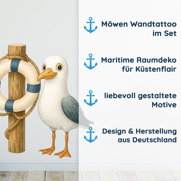Wandtattoo Maritim – Buntes Möwen Wandsticker Set mit Anker, Rettungsring & Flaschenpost für Kinderzimmer & maritime Wohnräume