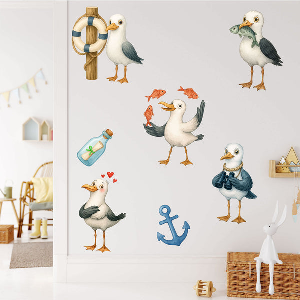 Wandtattoo Maritim – Buntes Möwen Wandsticker Set mit Anker, Rettungsring & Flaschenpost für Kinderzimmer & maritime Wohnräume