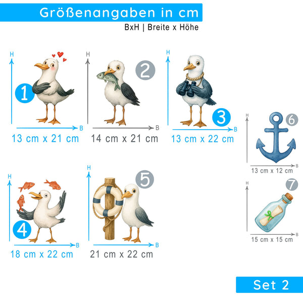 Wandtattoo Maritim – Buntes Möwen Wandsticker Set mit Anker, Rettungsring & Flaschenpost für Kinderzimmer & maritime Wohnräume