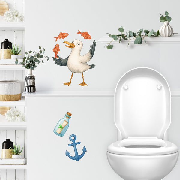 Wandtattoo Maritim – Buntes Möwen Wandsticker Set mit Anker, Rettungsring & Flaschenpost für Kinderzimmer & maritime Wohnräume