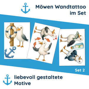Wandtattoo Maritim – Buntes Möwen Wandsticker Set mit Anker, Rettungsring & Flaschenpost für Kinderzimmer & maritime Wohnräume