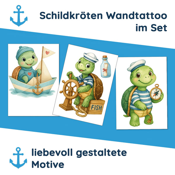 Wandtattoo Maritim Schildkröte – Niedliches Wandsticker Set mit Segelboot, Kompass & Steuerrad für Kinderzimmer & maritime Deko