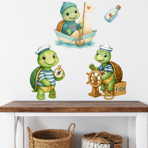 Wandtattoo Maritim Schildkröte – Niedliches Wandsticker Set mit Segelboot, Kompass & Steuerrad für Kinderzimmer & maritime Deko
