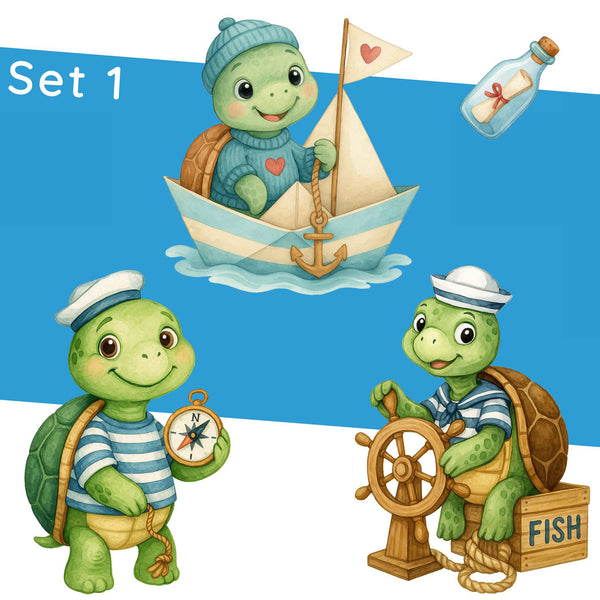Wandtattoo Maritim Schildkröte – Niedliches Wandsticker Set mit Segelboot, Kompass & Steuerrad für Kinderzimmer & maritime Deko