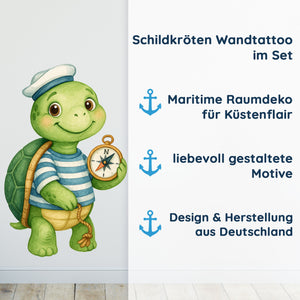 Wandtattoo Maritim Schildkröte – Niedliches Wandsticker Set mit Segelboot, Kompass & Steuerrad für Kinderzimmer & maritime Deko