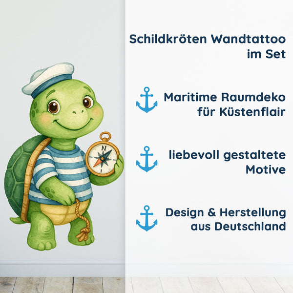 Wandtattoo Maritim Schildkröte – Niedliches Wandsticker Set mit Segelboot, Kompass & Steuerrad für Kinderzimmer & maritime Deko