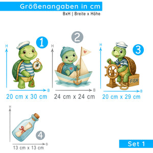 Wandtattoo Maritim Schildkröte – Niedliches Wandsticker Set mit Segelboot, Kompass & Steuerrad für Kinderzimmer & maritime Deko