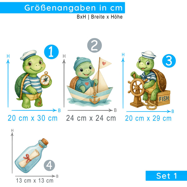 Wandtattoo Maritim Schildkröte – Niedliches Wandsticker Set mit Segelboot, Kompass & Steuerrad für Kinderzimmer & maritime Deko