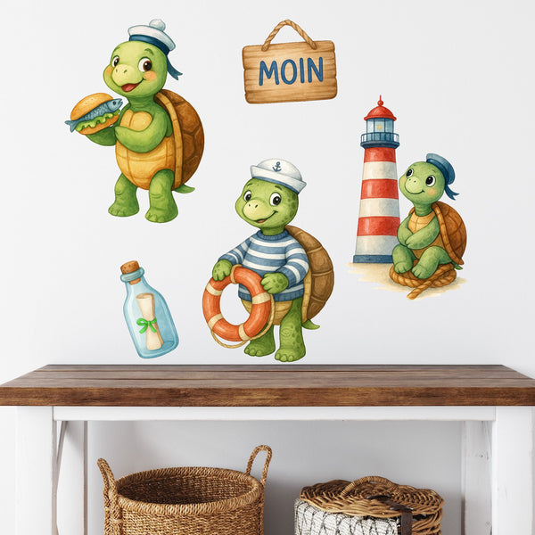 Wandtattoo Maritim Schildkröte – Buntes Wandsticker Set mit Leuchtturm, Rettungsring & Flaschenpost für Kinderzimmer & maritime Dekoration