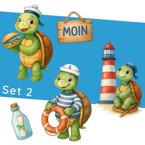 Wandtattoo Maritim Schildkröte – Buntes Wandsticker Set mit Leuchtturm, Rettungsring & Flaschenpost für Kinderzimmer & maritime Dekoration