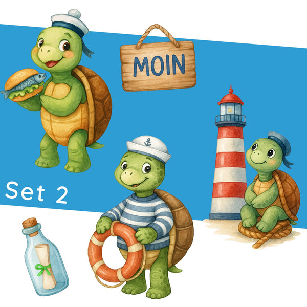 Wandtattoo Maritim Schildkröte – Buntes Wandsticker Set mit Leuchtturm, Rettungsring & Flaschenpost für Kinderzimmer & maritime Dekoration