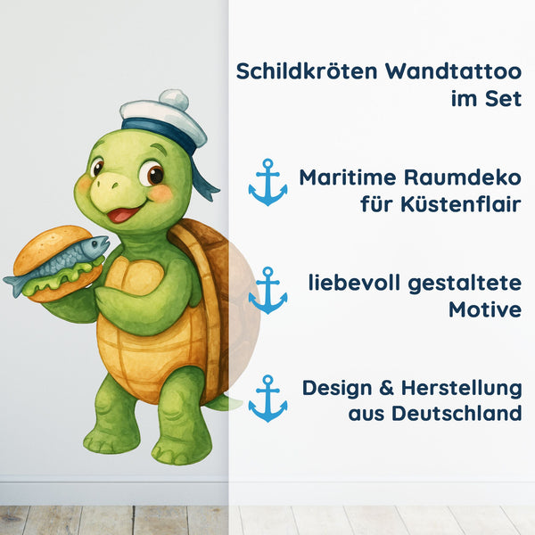 Wandtattoo Maritim Schildkröte – Buntes Wandsticker Set mit Leuchtturm, Rettungsring & Flaschenpost für Kinderzimmer & maritime Dekoration