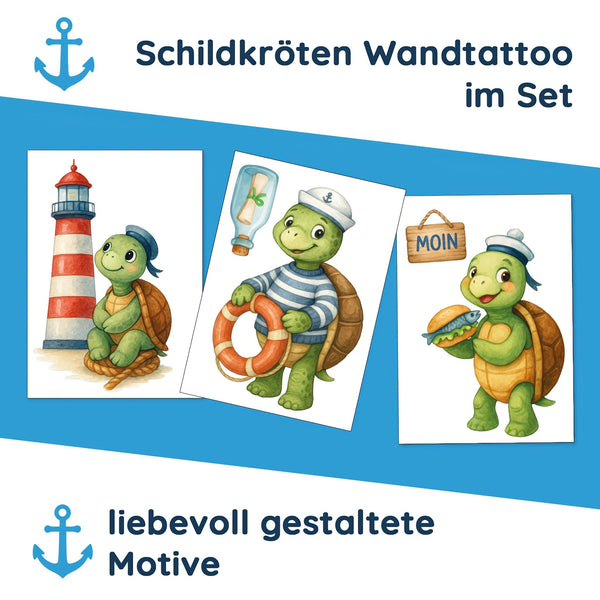 Wandtattoo Maritim Schildkröte – Buntes Wandsticker Set mit Leuchtturm, Rettungsring & Flaschenpost für Kinderzimmer & maritime Dekoration