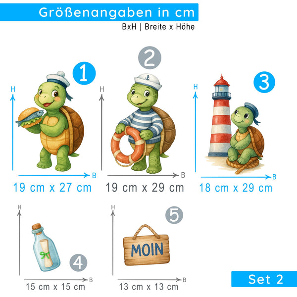 Wandtattoo Maritim Schildkröte – Buntes Wandsticker Set mit Leuchtturm, Rettungsring & Flaschenpost für Kinderzimmer & maritime Dekoration