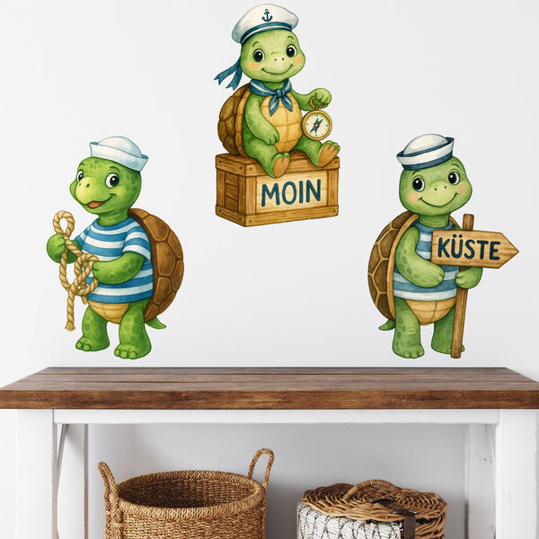 Wandtattoo Maritim Schildkröte – Wandsticker Set mit Kompass, Tau & Küste-Schild für Kinderzimmer & maritime Deko