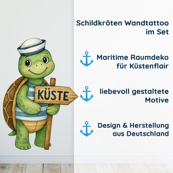 Wandtattoo Maritim Schildkröte – Wandsticker Set mit Kompass, Tau & Küste-Schild für Kinderzimmer & maritime Deko