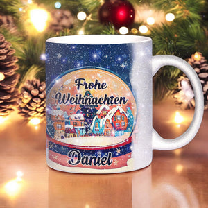 Glitzertasse - Frohe Weihnachten Tasse - Schneekugel mit Wunschname - Glitzertasse - Sunnywall - Individualität trifft Design