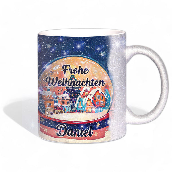 Glitzertasse - Frohe Weihnachten Tasse - Schneekugel mit Wunschname - Glitzertasse - Sunnywall - Individualität trifft Design