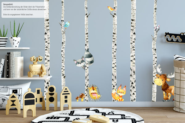 Wandtattoo Birkenhain mit niedlichen Waldtieren | XXL Wandaufkleber für eine zauberhafte Waldstimmung im Kinderzimmer - Sunnywall - Individualität trifft Design