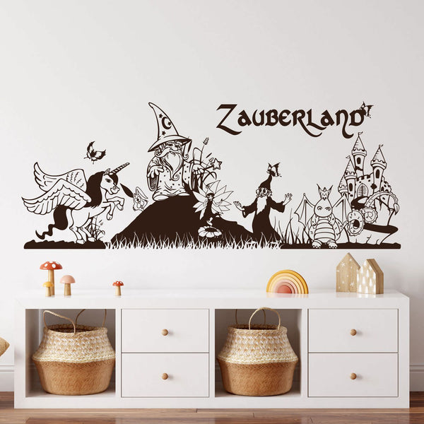 Wandtattoo Zauberland – Einhorn, Zauberer, Fee & Drache mit Schloss | Magischer Wandaufkleber fürs Kinderzimmer - Sunnywall - Individualität trifft Design