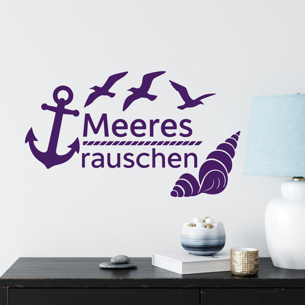Wandtattoo Spruch Meeresrauschen – Meeresrauschen – Maritimer Wandsticker mit Anker, Möwen & Muschel für Wohnzimmer & Bad
