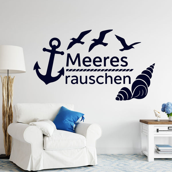 Wandtattoo Spruch Meeresrauschen – Meeresrauschen – Maritimer Wandsticker mit Anker, Möwen & Muschel für Wohnzimmer & Bad