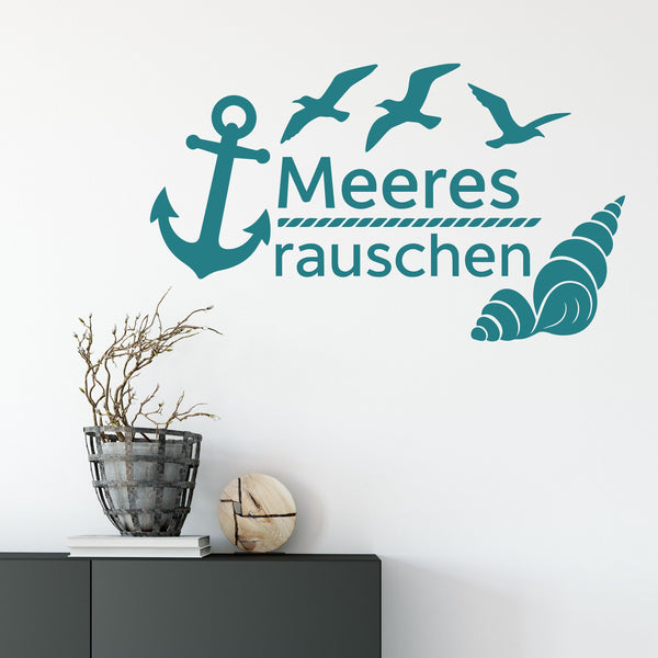 Wandtattoo Spruch Meeresrauschen – Meeresrauschen – Maritimer Wandsticker mit Anker, Möwen & Muschel für Wohnzimmer & Bad