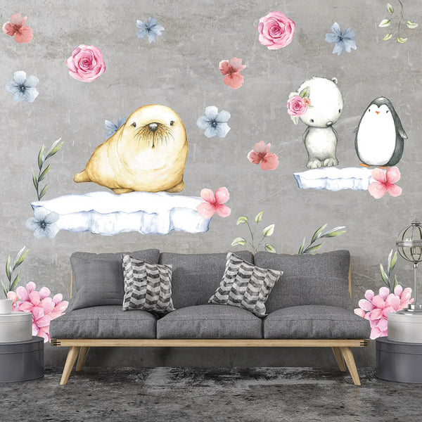 Arktis Winter Tiere auf Eisschollen XXL Set | Kinderzimmer Aufkleber bunt Wanddeko Sunnywall