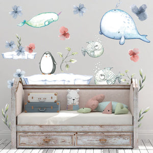 Arktische Meereswelt Wale, Fische und Pinguin XXL Set | Kinderzimmer Aufkleber bunt Wanddeko Sunnywall