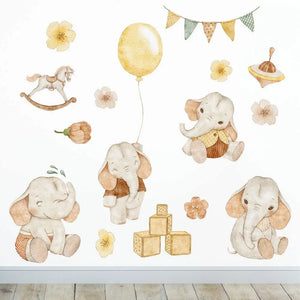Baby Elefanten - Wandtattoo Kinderzimmer Baby Wandaufkleber - 3 x A4 Set Sunnywall