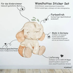 Baby Elefanten - Wandtattoo Kinderzimmer Baby Wandaufkleber - 3 x A4 Set Sunnywall