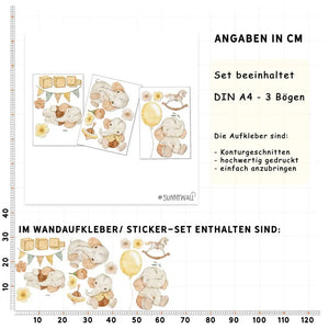 Baby Elefanten - Wandtattoo Kinderzimmer Baby Wandaufkleber - 3 x A4 Set Sunnywall