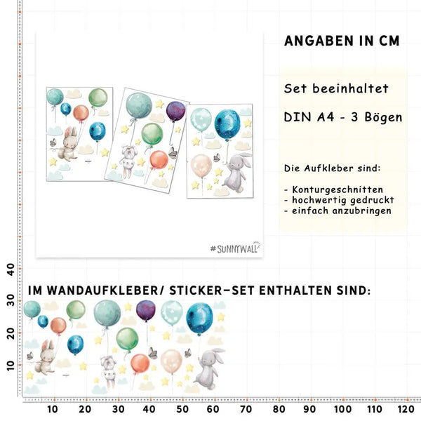 Ballon Hasen - Wandtattoo Kinderzimmer Baby Wandaufkleber - 3 x A4 Set Sunnywall