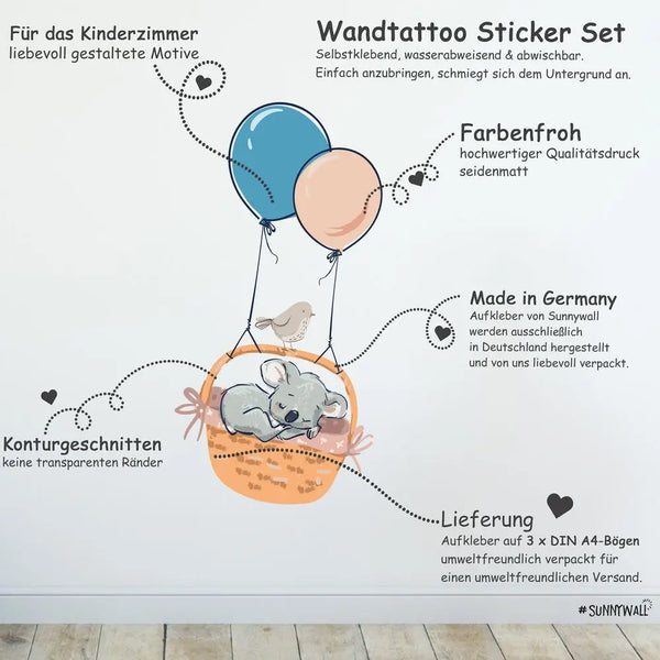 Ballon Koala - Wandtattoo Kinderzimmer Baby Wandaufkleber - 3 x A4 Set Sunnywall