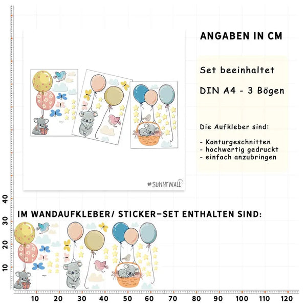 Ballon Koala - Wandtattoo Kinderzimmer Baby Wandaufkleber - 3 x A4 Set Sunnywall