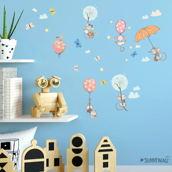 Ballon Mäuse - Wandtattoo Kinderzimmer Baby Wandaufkleber - 3 x A4 Set Sunnywall