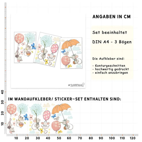Ballon Mäuse - Wandtattoo Kinderzimmer Baby Wandaufkleber - 3 x A4 Set Sunnywall