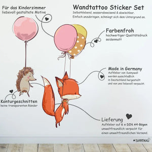 Ballon Waldtiere - Wandtattoo Kinderzimmer Baby Wandaufkleber - 6 x A4 Set Sunnywall