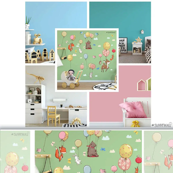 Ballon Waldtiere - Wandtattoo Kinderzimmer Baby Wandaufkleber - 6 x A4 Set Sunnywall