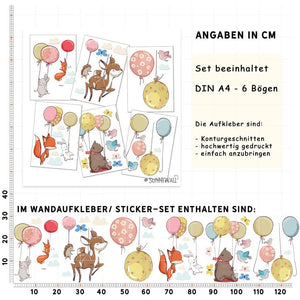Ballon Waldtiere - Wandtattoo Kinderzimmer Baby Wandaufkleber - 6 x A4 Set Sunnywall