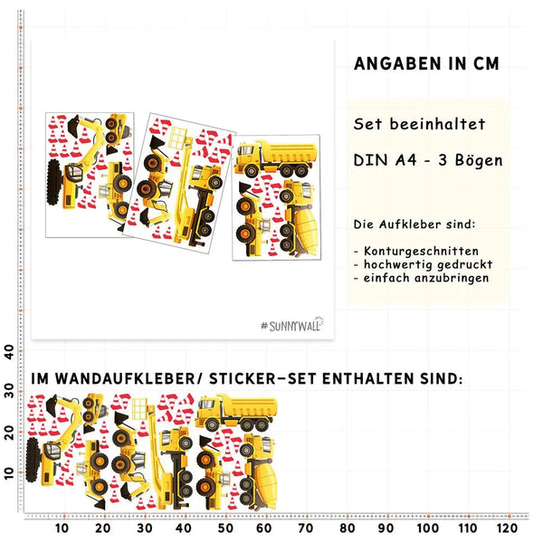 Baufahrzeuge - Wandtattoo Kinderzimmer Baby Wandaufkleber Sunnywall