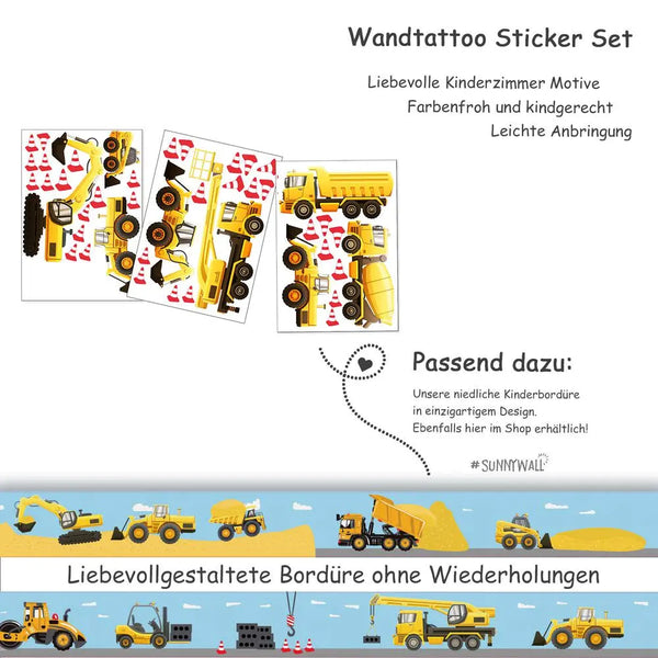 Baufahrzeuge - Wandtattoo Kinderzimmer Baby Wandaufkleber Sunnywall
