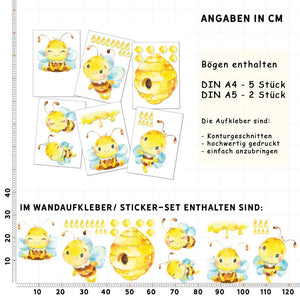Bienen Honig - Wandtattoo Kinderzimmer Baby Wandaufkleber - 6 x A4 Set Sunnywall