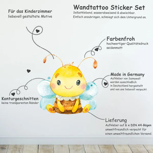 Bienen Honig - Wandtattoo Kinderzimmer Baby Wandaufkleber - 6 x A4 Set Sunnywall